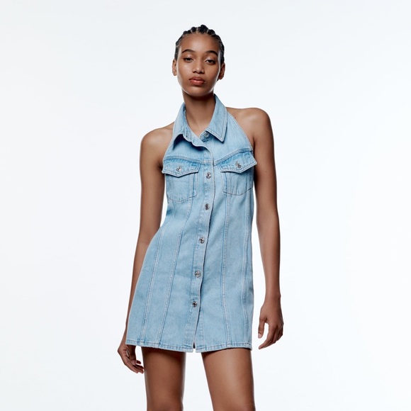 Zara | Dresses | Zara Denim Halter Neck Dress | Poshmark